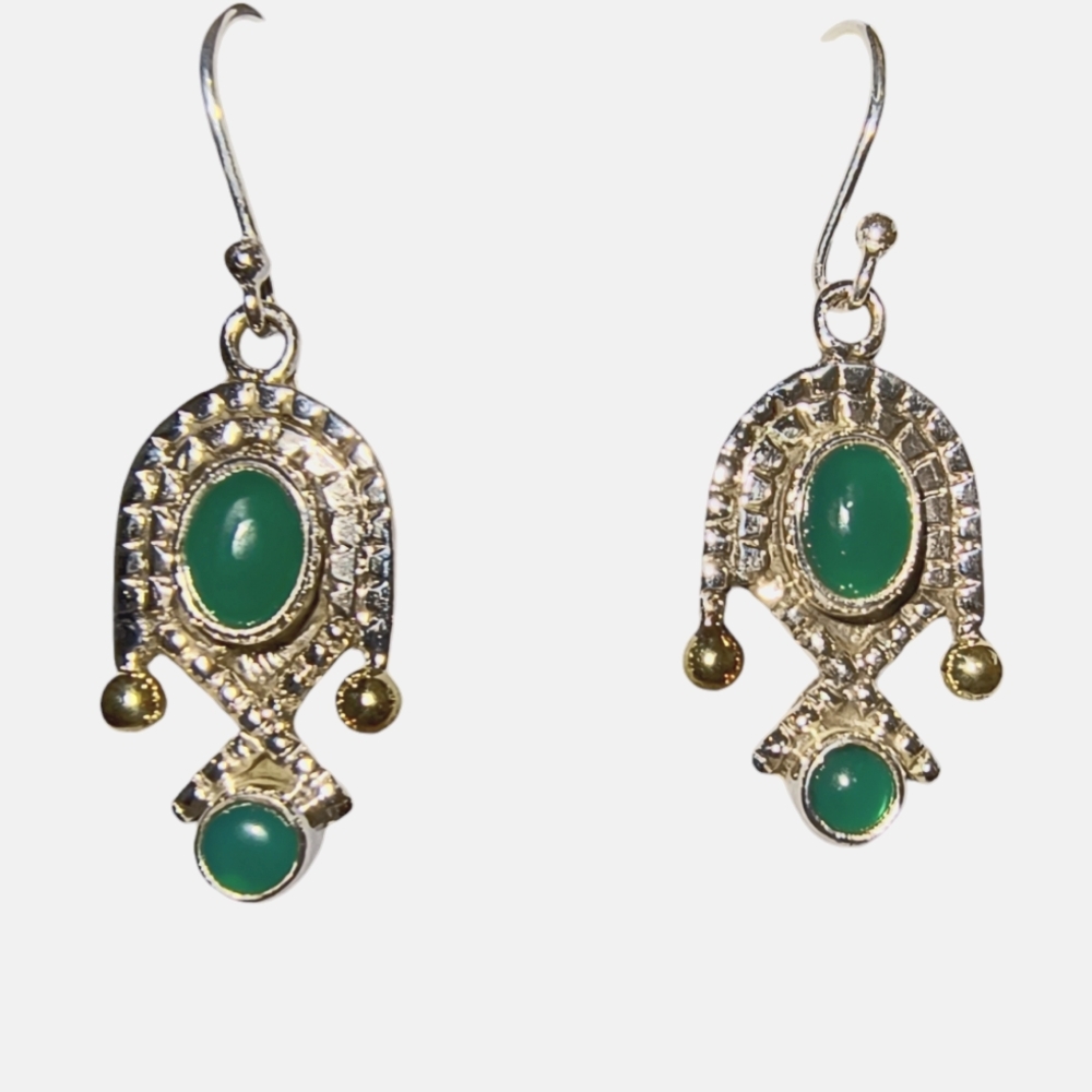 Green Chalcedony & Sterling Silver Dangle Earrings With Gold Accents